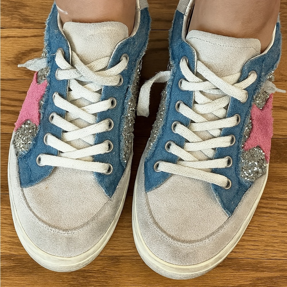 Vintage Havana Sneakers with Blue, Pink, and Glitter